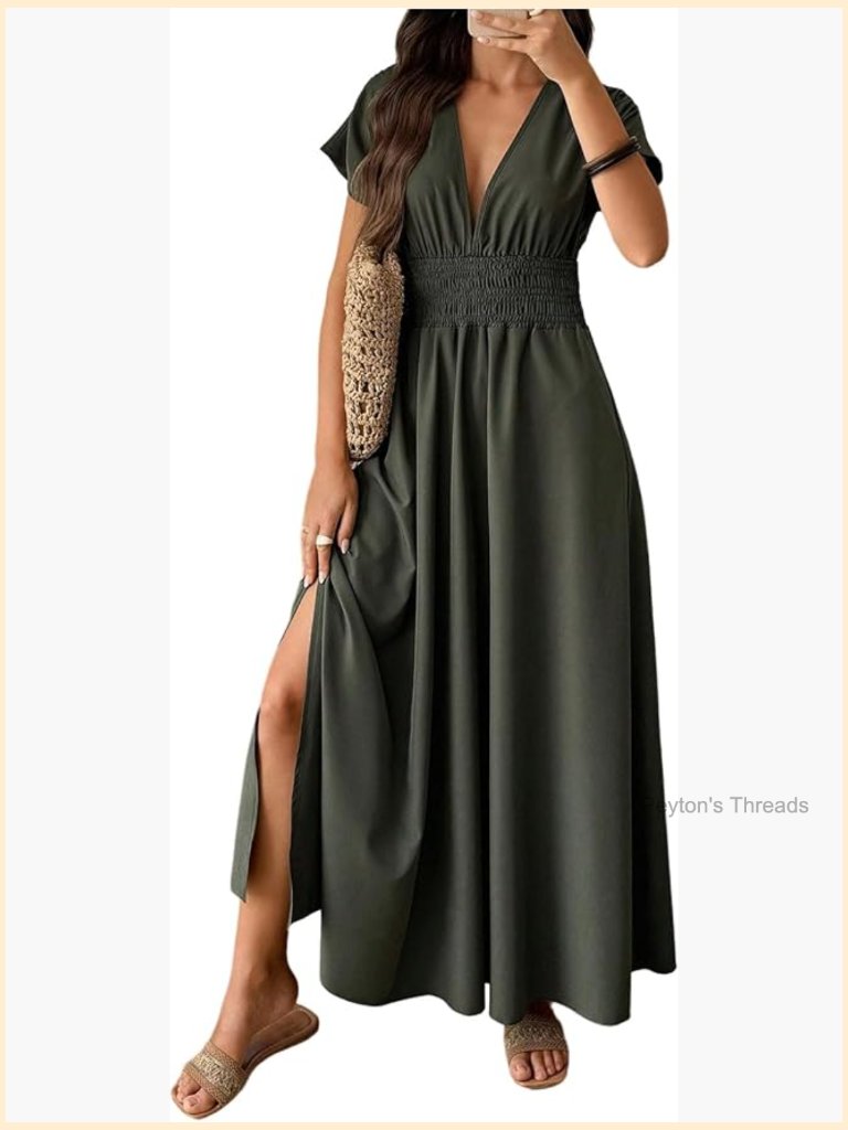 Elegant Deep V Neck Maxi Dress A-Line Flowy Split Wedding Guest Dress